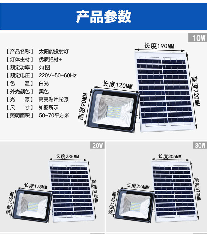 新款太陽能投光燈 戶外防水LED投光燈 50W100W200W家用庭院投光燈示例圖8