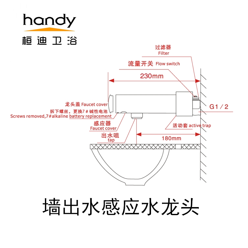 全銅感應水龍頭工廠 直供入墻式面盆龍頭桓迪handyHD-6A131學校用自動感應水龍頭示例圖16