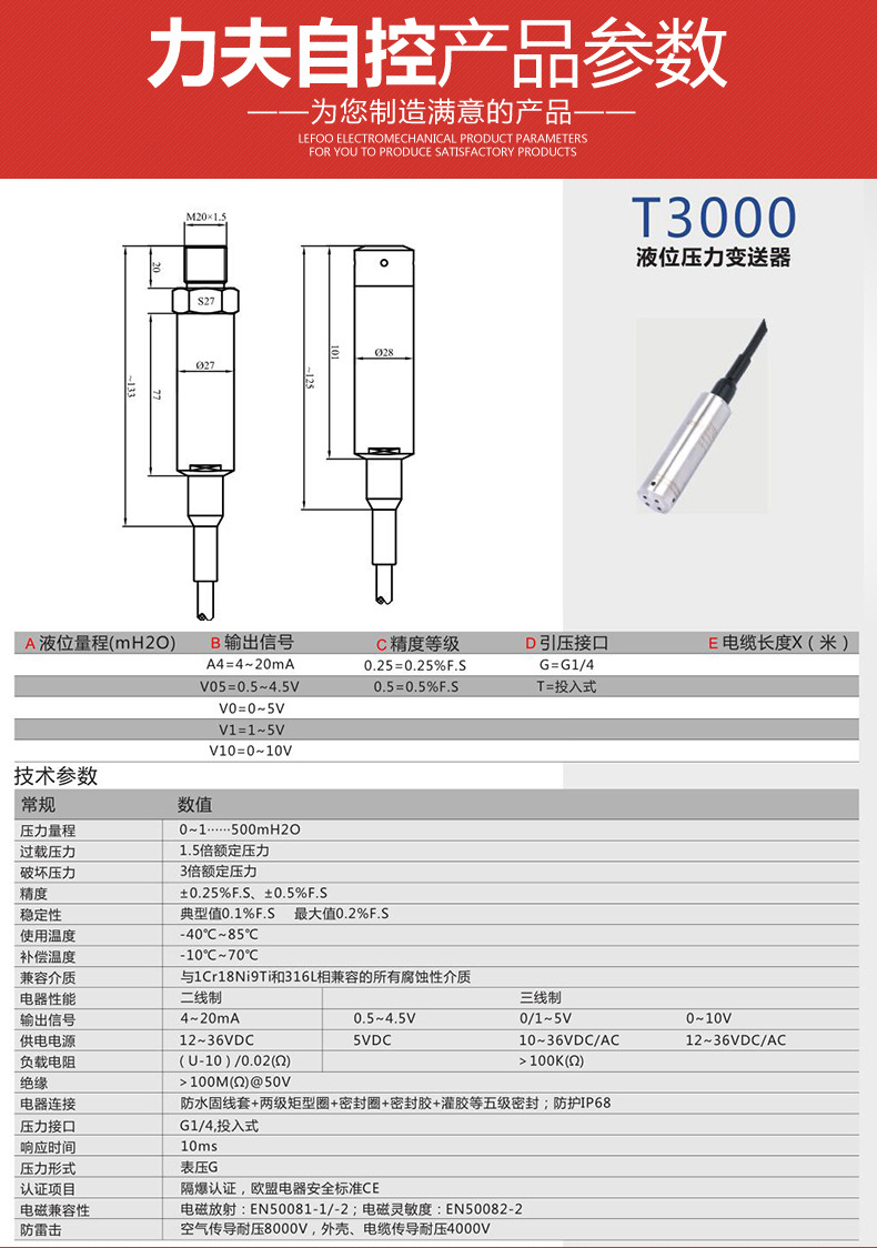 T3000液位壓力變送器、傳感器 投入式水位油箱液位計污水處理專用示例圖5