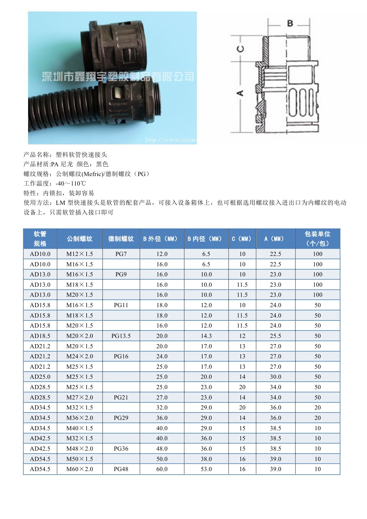 PG48/M50配套AD54.5mm波紋管塑料波紋軟管配套阻燃直插式快速接頭示例圖1